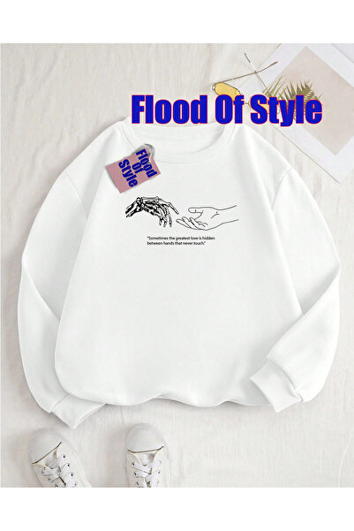 Flood Of Style Sweatshirt minimalist cu imprimeu gri la guler Biskilet