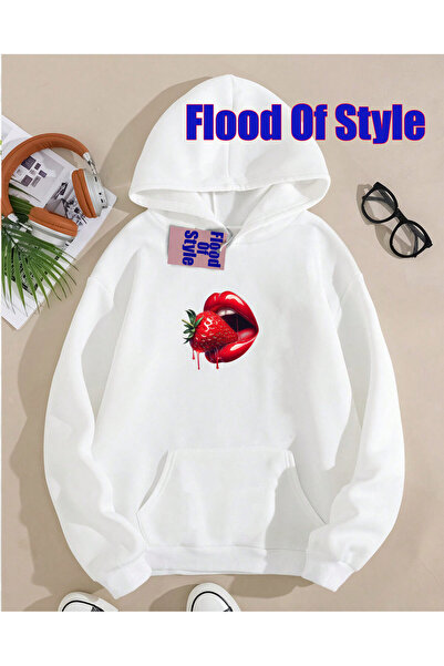 Flood Of Style Hanorac cu guler Biskilet minimalist cu imprimeu, alb