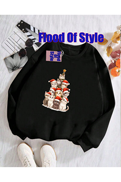 Flood Of Style سويت شيرت بياقة بيسكيت مطبوع من بلاك كات مينيماليست