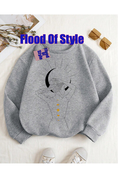 Flood Of Style Μαύρο σχέδιο μαλλιών Μινιμαλιστικό φούτερ με λαιμόκοψη με τύπωμα