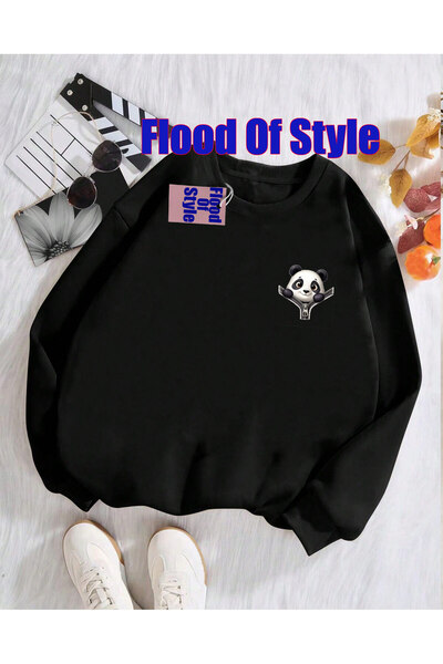 Flood Of Style سويت شيرت بياقة بيسكيت مطبوع من بلاك باندا مينيماليست