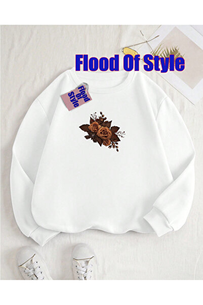 Flood Of Style Λευκό λουλούδι μινιμαλιστικό φούτερ με λαιμόκοψη με τύπωμα