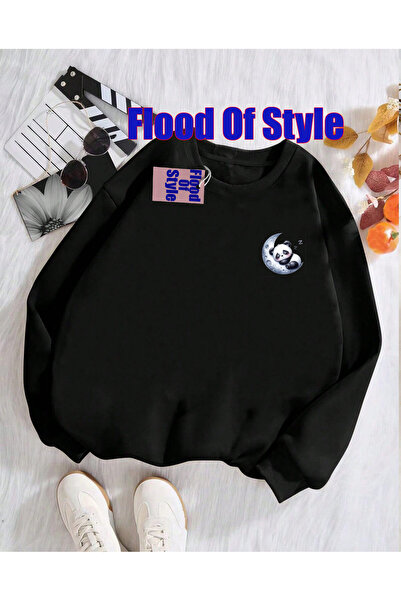 Flood Of Style Μαύρο φούτερ panda Ay Minimalist με τύπωμα με λαιμόκοψη μπισκέτα
