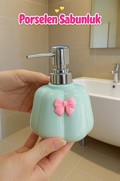 Kezze 300 ml Porselen Sıvı Sabunluk - Estetik Fiyonklu Tasarım-Dayanıklı Pompa
