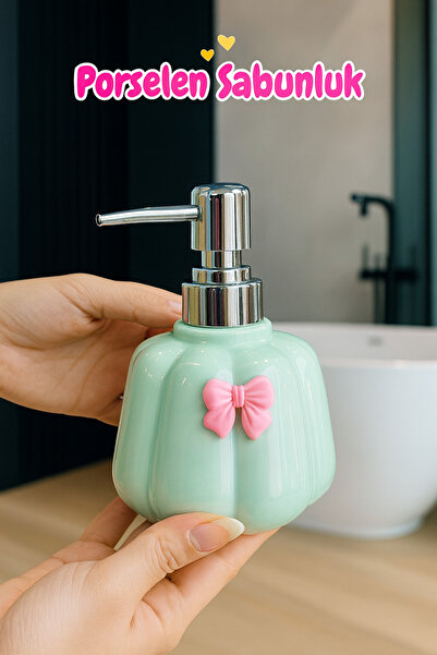 Kezze 300 ml Porselen Sıvı Sabunluk - Estetik Fiyonklu Tasarım-Dayanıklı Pompa