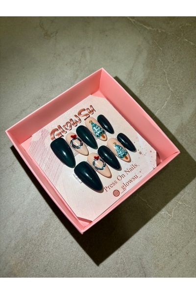 Generic GLOWSU - Yılbaşı Kış Temalı Badem Takma Tırnak Press On Nails Seti