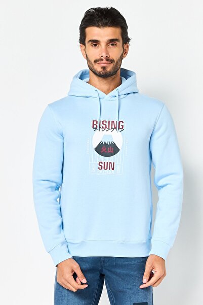 CELIO Men Long Sleeve Graphic Print Hoodie, Light Blue