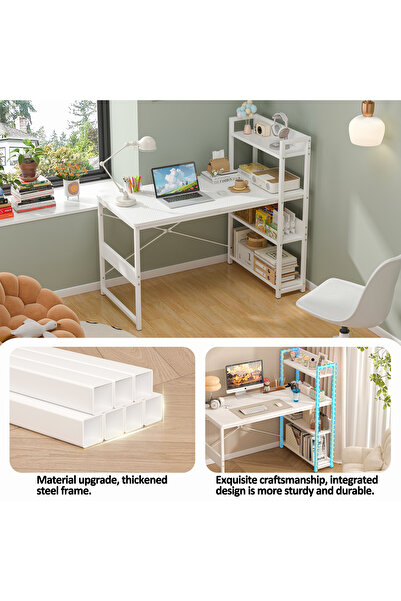 DASEN Office Table with Multi-Tier Bookshelf, Carbon Fiber Desktop (White)