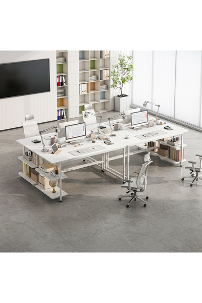 DASEN Study Desk with 3-layer Storage Shelf, Bookshelf, White, 130x55x75 cm