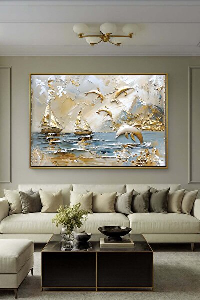 Wallivo Deniz Canlısı Rölyef Görünümlü - Modern Denizcilik Temalı Bronz Metal Çerçeveli Kanvas Tablo