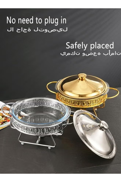 Generic Buffet stove food heating container with glass tray, round stainless steel food warmer