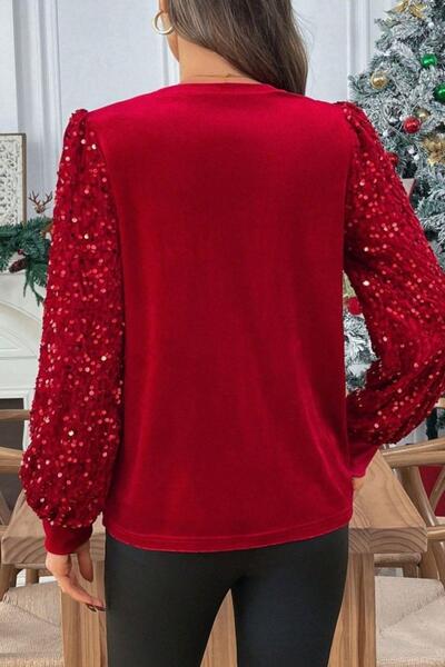 Mossta Sequined Balloon Sleeve Velvet Blouse - Red