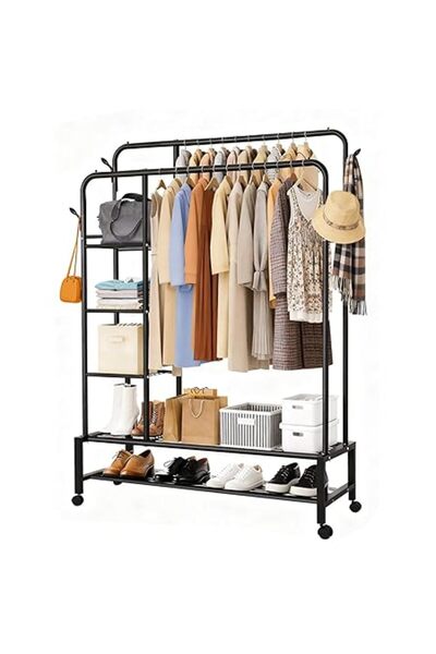 Xess Heavy Duty Clothes Rail, Double Rail Clothes Rack with 4 Storage Shelves and Shoe Rack, 4 Coat Hook