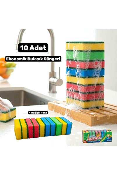Technow Klasik 9 x 6 cm 4 Renkli Düz Bulaşık Süngeri 10 Adet