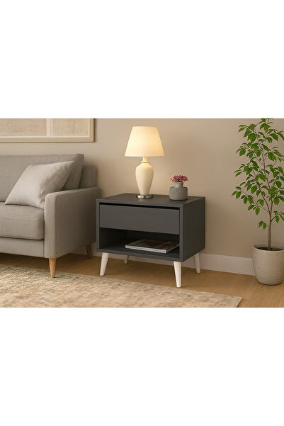 Kst Çekmeceli Antrasit Komodin – Suntalı Gövde, Dekoratif Beyaz Ayak