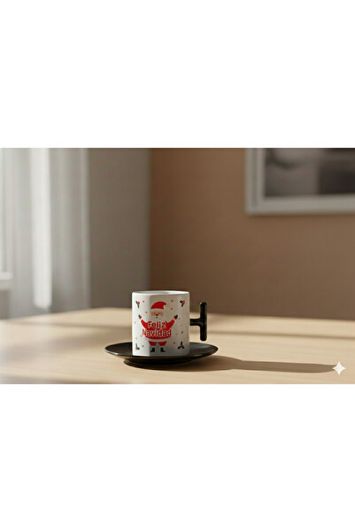 Bade TASARIM YILBAŞI NOEL BABALI PORSELEN SİYAH KULPLU TÜRK KAHVE FİNCANI
