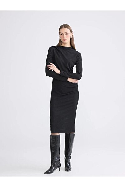 LC Waikiki Black Mock Neck Shiny Look Shirred Dress (W5)