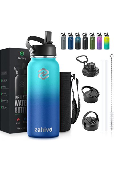 Zahive 1L Insulated Stainless Steel Water Bottle - Ocean Blue (3 Lids, Bag)