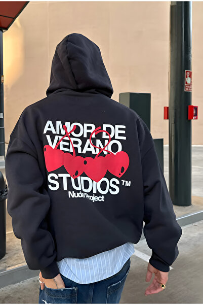 PURE POWER Nude Project Xoxo Unisex Oversized Black Cotton K Hooded Printed S...