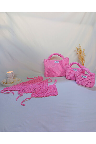 Venezzia Atelier 3-Piece Mother-Daughter Knitted Bag Bandana Set Pink Crochet...