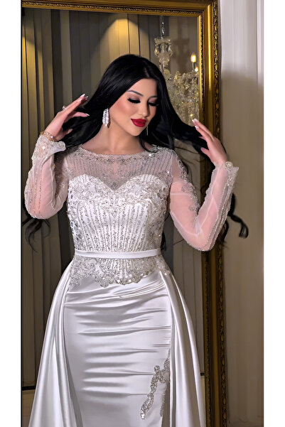 NHMODA Stone Embroidered Tail Satin Evening Dress