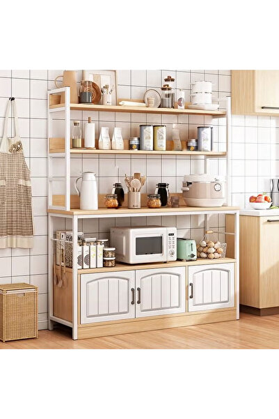 KEKE Multi-Layer Kitchen Storage Shelf Microwave Oven Stand Rack with 3-Door Cabinet & Spice Organizer