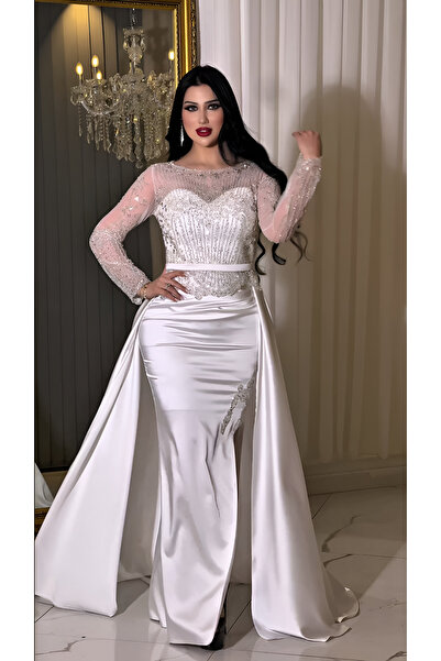 NHMODA Stone Embroidered Tail Satin Evening Dress