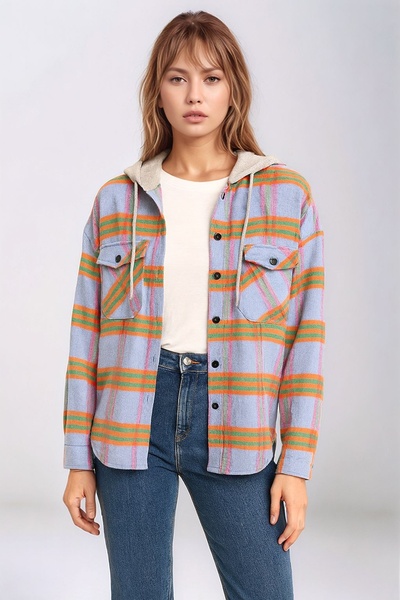 MAMAYAGA Γυναικείο μοτίβο, πολύχρωμο ξυλοκόπο, φαρδύ και φαρδύ, casual διπλό πουκάμισο με κουκούλα