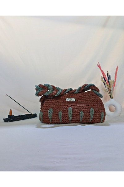 Venezzia Atelier حقيبة نسائية محبوكة من القطن الماكرومي مبطنة باللون البني بت...