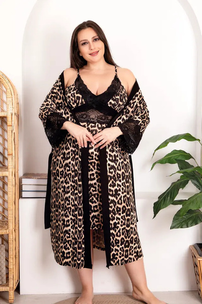 aynora Women's Leopard Print Lace Detailed Plus Size Nightgown Dressing Gown Set