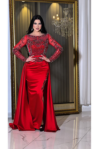 NHMODA Stone Embroidered Tail Satin Evening Dress