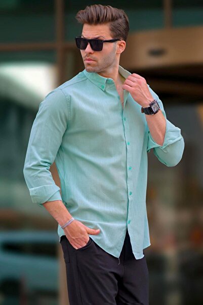Madmext Green Long Sleeve Cotton Linen Look Men's Shirt 6743