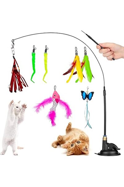 Xess 8-in-1 Interactive Cat Feather Toys, Cat Wand Toy with Powerful Suction Cup, 8pcs Feather Replacem