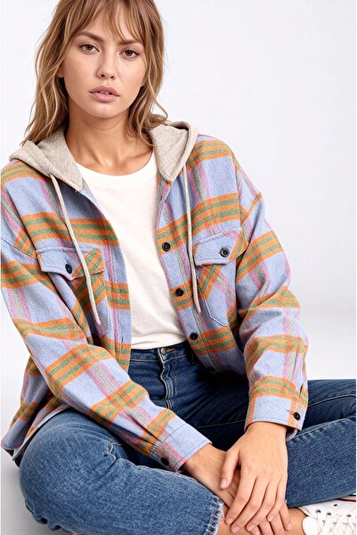 MAMAYAGA Γυναικείο μοτίβο, πολύχρωμο ξυλοκόπο, φαρδύ και φαρδύ, casual διπλό πουκάμισο με κουκούλα