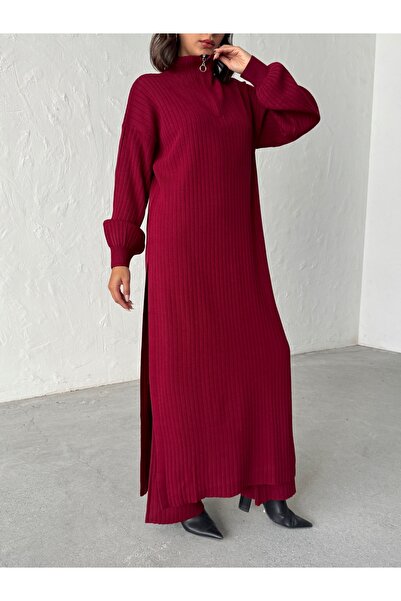 BEJNA Women's Zippered Collar Maxi Dress Pants Two-Piece Knitwear Set