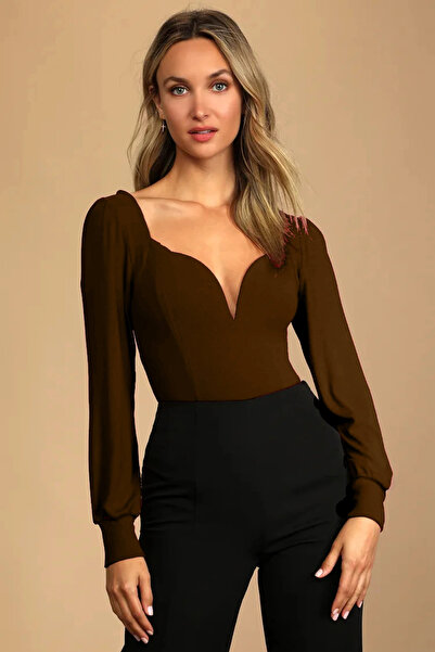 MetuCA Acı Kahve Çift Katlı Sandy Kumaş Kalp Yaka Uzun Kol Çıtçıtlı Tanga Bod...