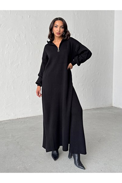 BEJNA Women's Zippered Collar Maxi Dress Pants Two-Piece Knitwear Set