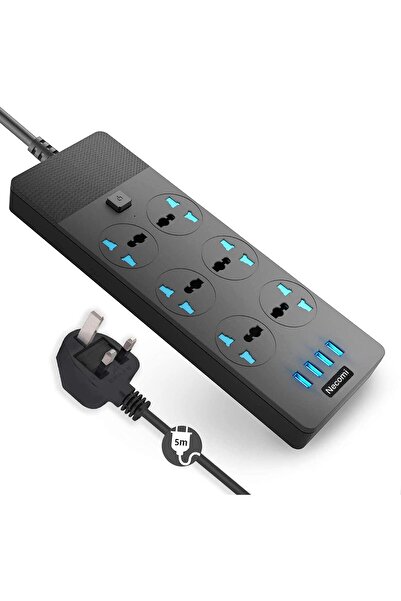 genernic Necomi Universal 6-Way Power Strip with 4 USB (3.1A) & Surge Protection, UK Plug, 5M