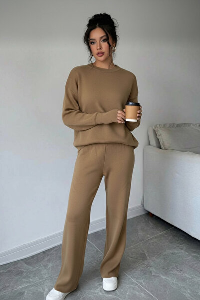 NEWCO Finger-Through Acrylic Textured Oversized Knitwear Two-Piece Set Wide-Leg Pants
