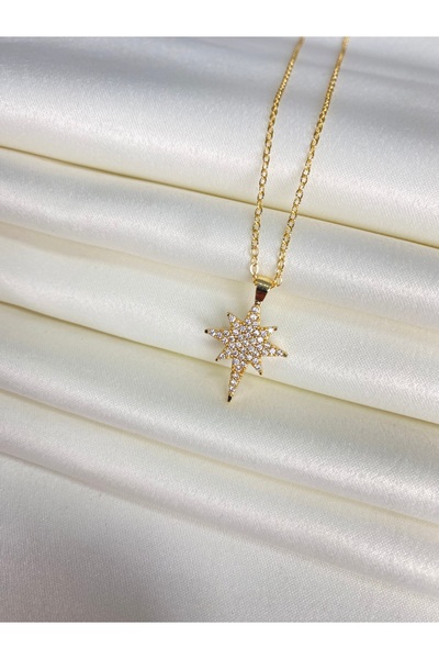 Furtek Aksesuar Women's North Star Model Steel Gold Necklace Minimal Zircon Stone Minimal