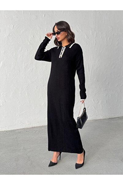BEJNA Women's Stylish Buttoned Polo Neck Long Knit Dress