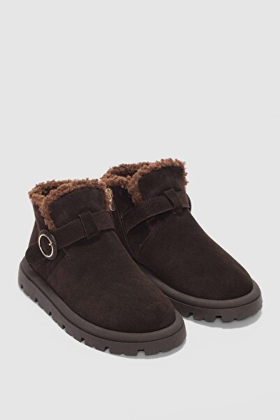 selin shoes Luva Genuine Leather Adjustable Buckle Detailed Side Zipper Women's Boots - Brown Suede