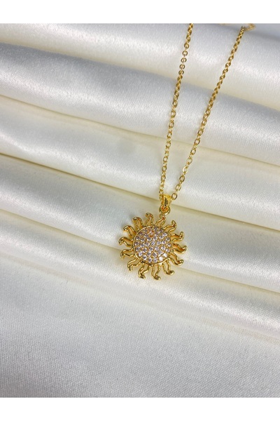 Furtek Aksesuar Women's Sun Model Steel Gold Necklace Daily Gift Minimal Zircon Stone Minimal