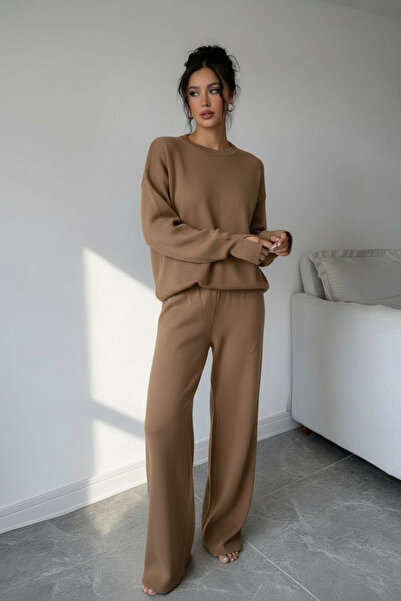 NEWCO Finger-Through Acrylic Textured Oversized Knitwear Two-Piece Set Wide-Leg Pants