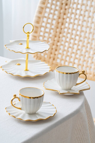 ACAR Shelly Gold 2-Person Coffee Cup Set with Stand - 130 ml