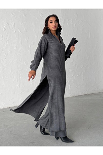 BEJNA Women's Zippered Collar Maxi Dress Pants Two-Piece Knitwear Set