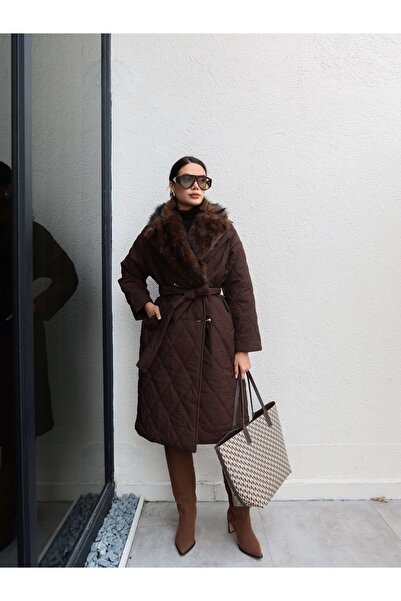 ESRAHELVACI Fur Collar Quilted Pattern Long Coat