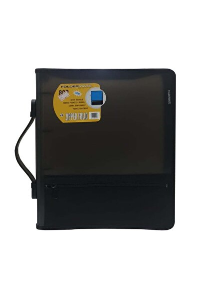 FOLDERMATE Plastic File with External Zip Pocket, Four Rings, A4, Black - Foldermit