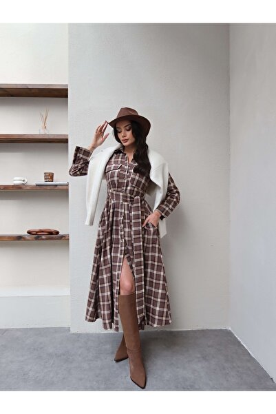 ESRAHELVACI Plaid Pleated Detail Tie-Up Dress