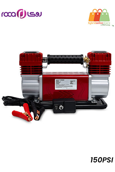 Roca ضاغط هواء مزدوج الأسطوانات بقوة 150 رطل/بوصة مربعة، 300 لتر/دقيقة، 12 فولت، مع خرطوم ومقياس ومشابك وحقيبة